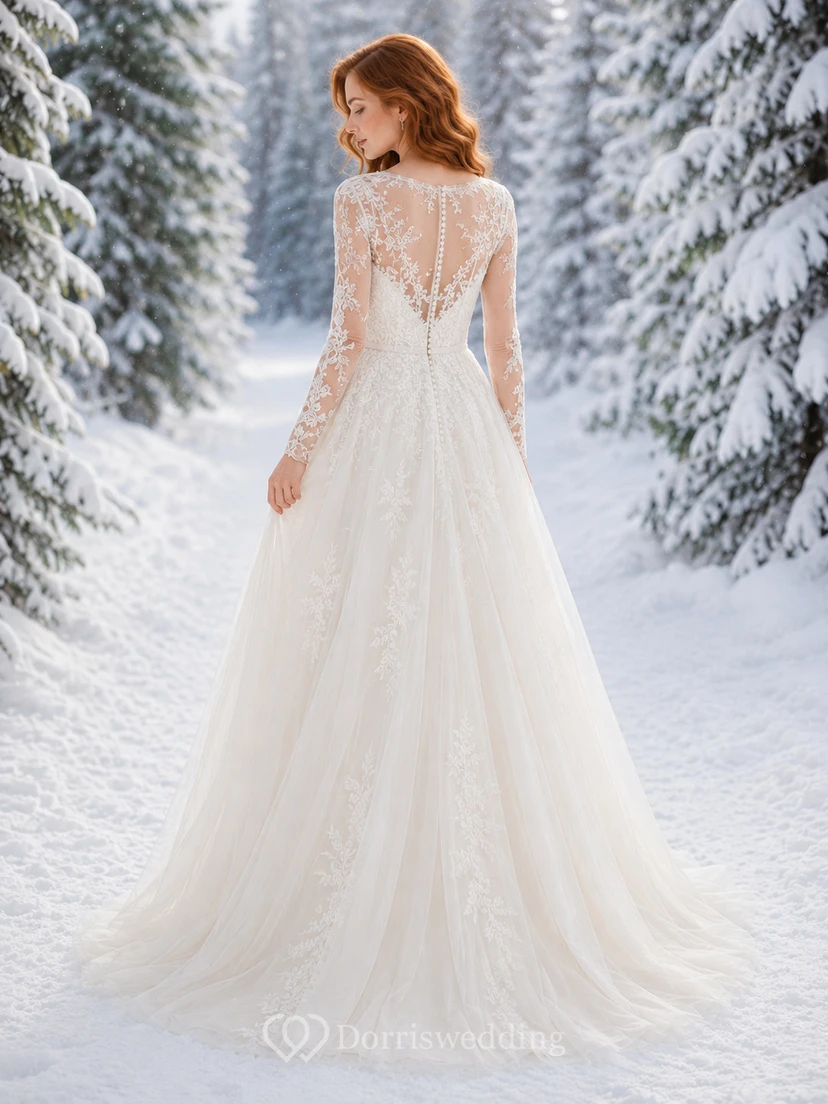 Vestido de novia de invierno de corte A con cuello alto, encaje y mangas largas view 2