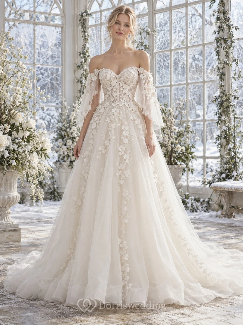 Vestido de novia de invierno de manga larga, hombros descubiertos, capa de organza con apliques florales y corte en A