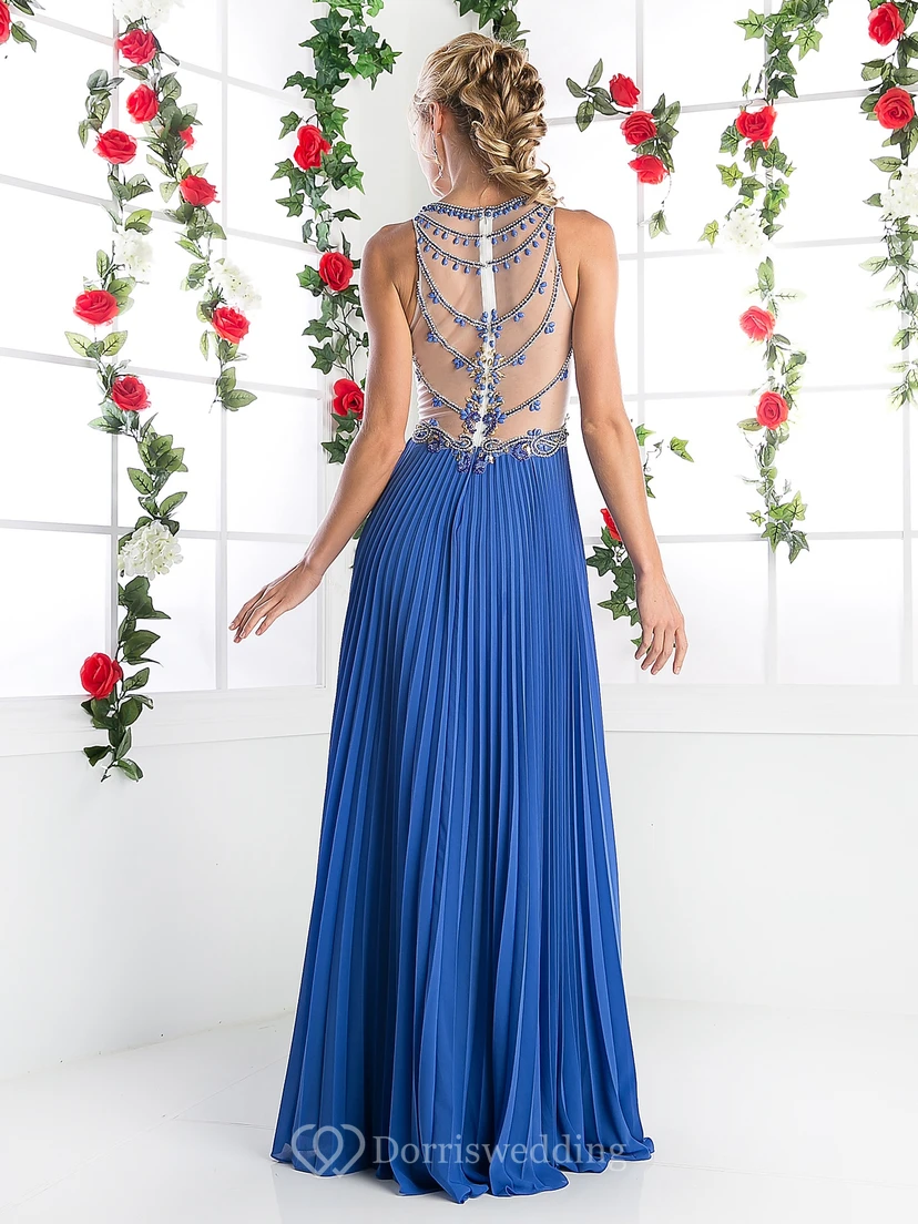 A-Line Scoop-Neck Sleeveless Chiffon Illusion Dress With Pleats And Beading view 2