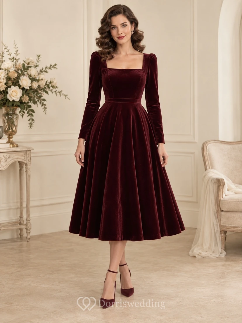 Vestido de dama de honor vintage de terciopelo burdeos con cuello cuadrado y mangas largas hasta la rodilla