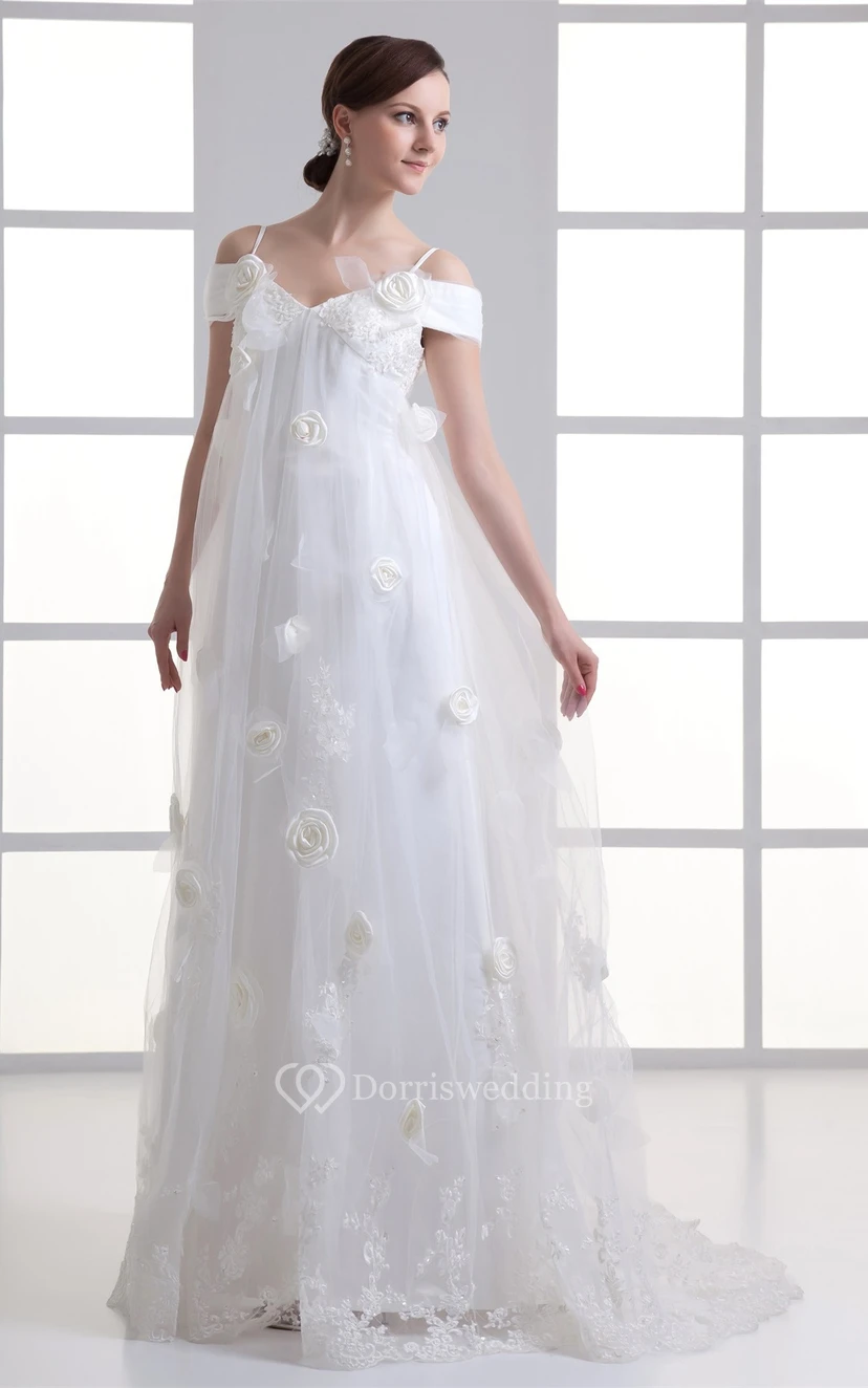 Glossy Sleeveless a Line Satin Off the Shoulder Wedding Dresses view 2