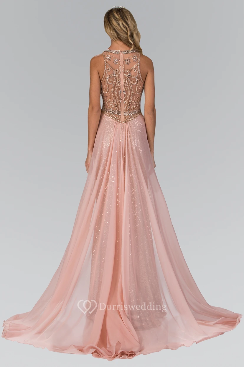 Sheath Long Jewel-Neck Sleeveless Sequins Watteau Train Illusion Dress With Beading view 2