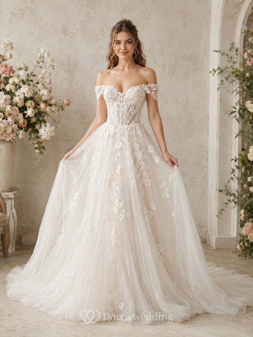 Vestido de novia vintage de corte A con corsé y apliques de hombros descubiertos de la época victoriana
