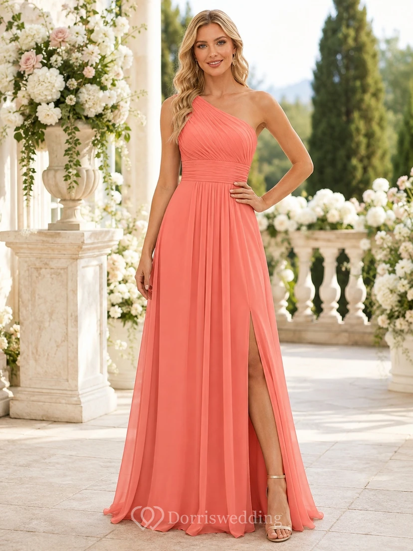 Coral One-Shoulder Pleated Chiffon A-Line Floor-length Sweep Train Formal Dress