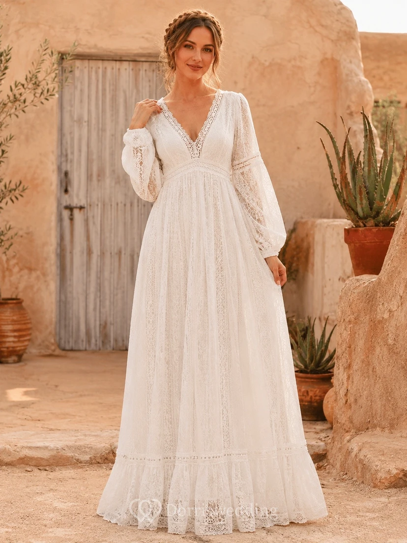 Vestido de novia bohemio de manga larga, color marfil, con escote en V y encaje, corte en A.