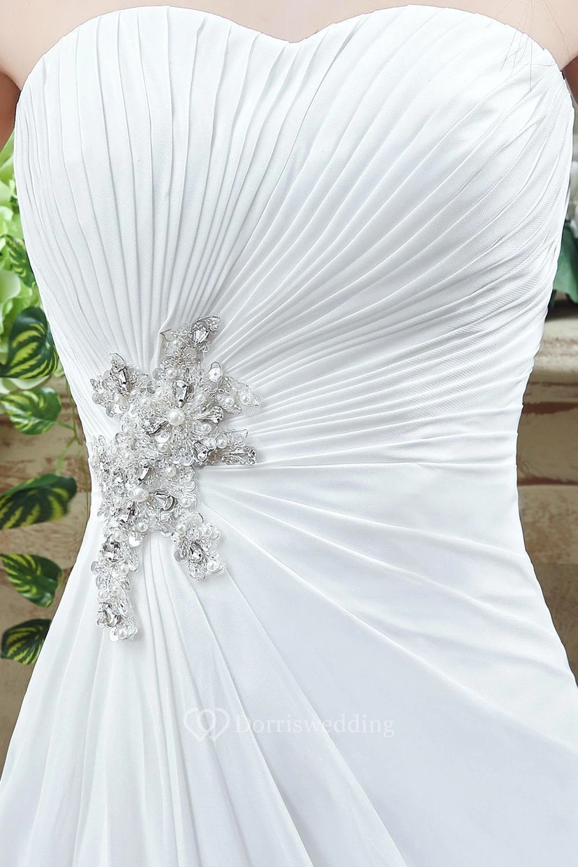 Newest Strapless White Beadings Modest Wedding Dress A-line Sweep Train view 2