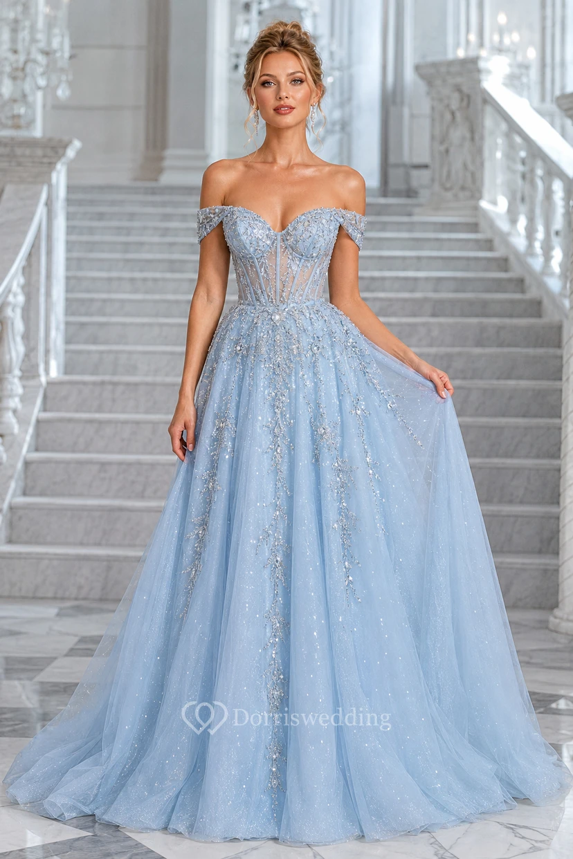 Robe de bal bleu ciel en tulle à épaules dénudées, corsage à bretelles et application scintillante