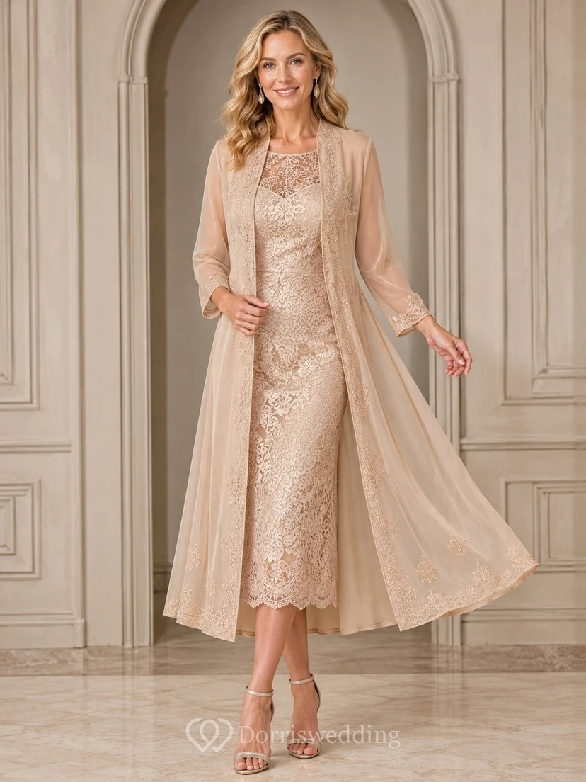 Champagne Long Sleeve Lace Sheath Chiffon Coat Mother Dress