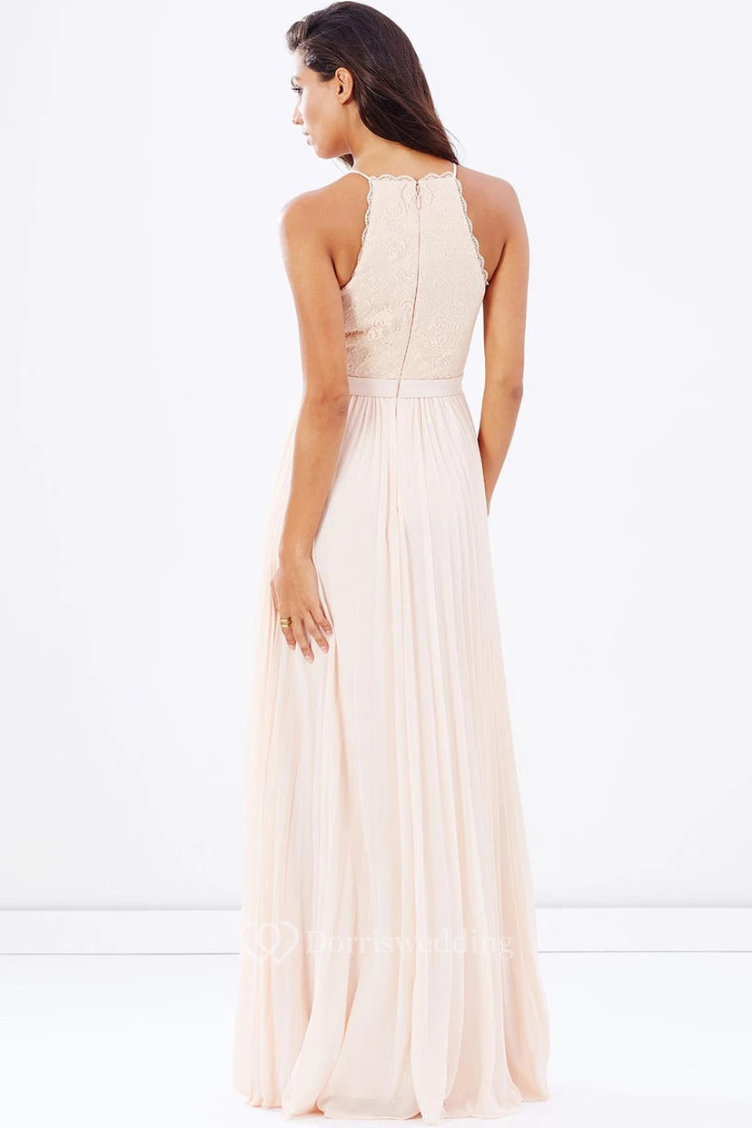 Ärmelloses, plissiertes Spaghetti-Chiffon-Brautjungfernkleid mit Spitze und Bändern view 2