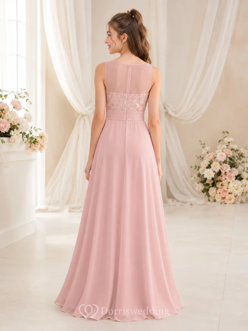 Vestido de dama de honor juvenil rosa ruborizado, corte en A, sin mangas, con detalles de encaje y lentejuelas, elegante. view 2