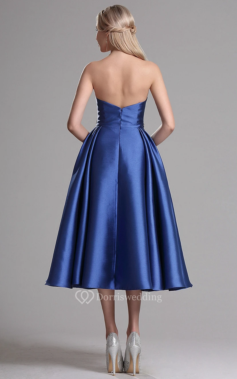 A-Line Tea-Length Strapless Sleeveless Satin Flower(S) Zipper Dress view 2