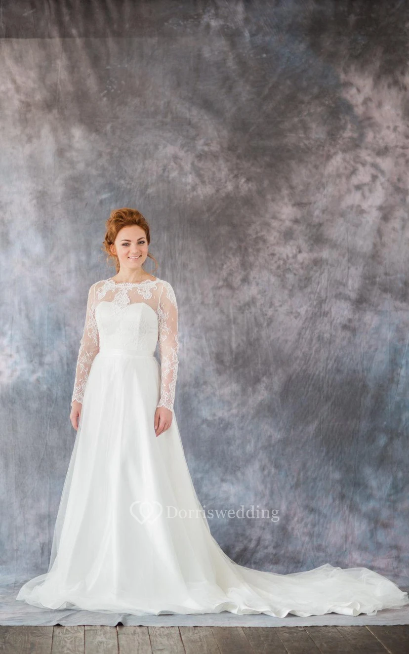 Organza Long Sleeve A-Line Bridal Gown With Illusion Back view 2