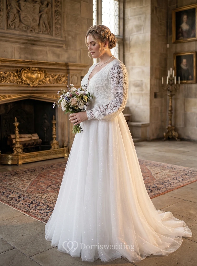 Plus Size Modest Long Sleeve Lace A-Line Wedding Dress with V-Neck