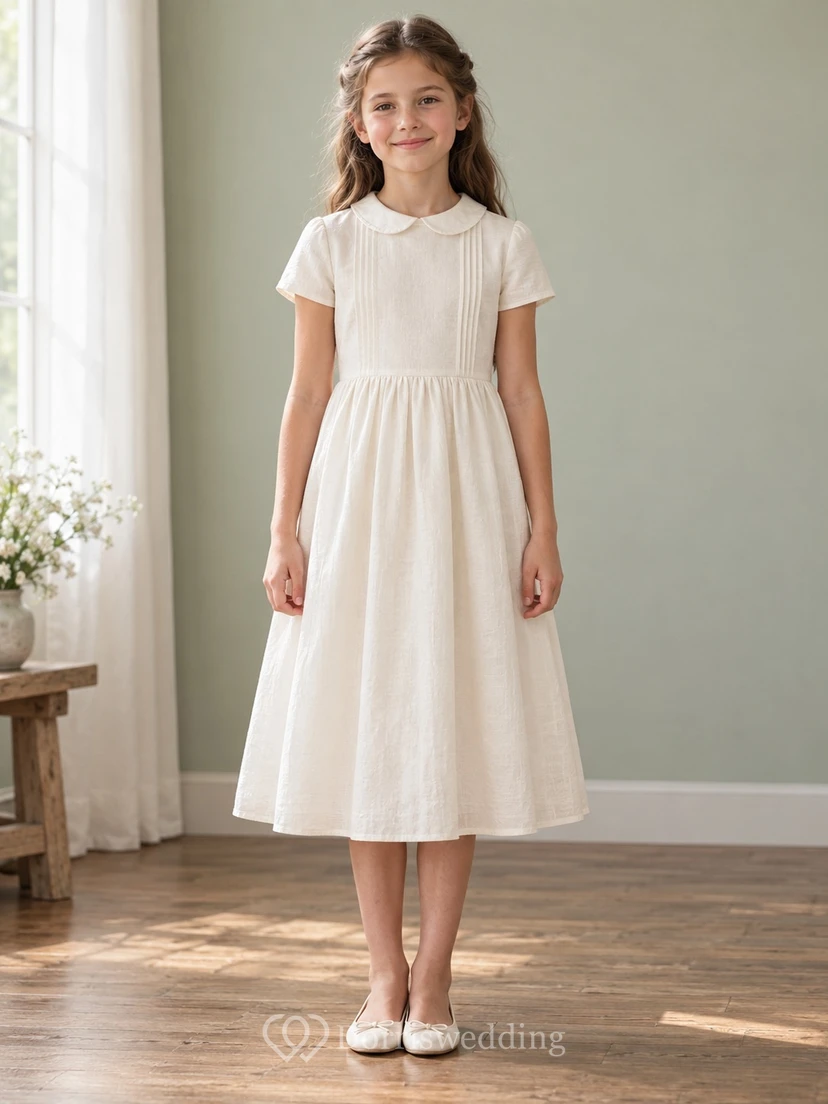Simple Modest Ivory Tea-length Small Collar Short Sleeve Narrow Pintucked Flower Girl Dress view 2