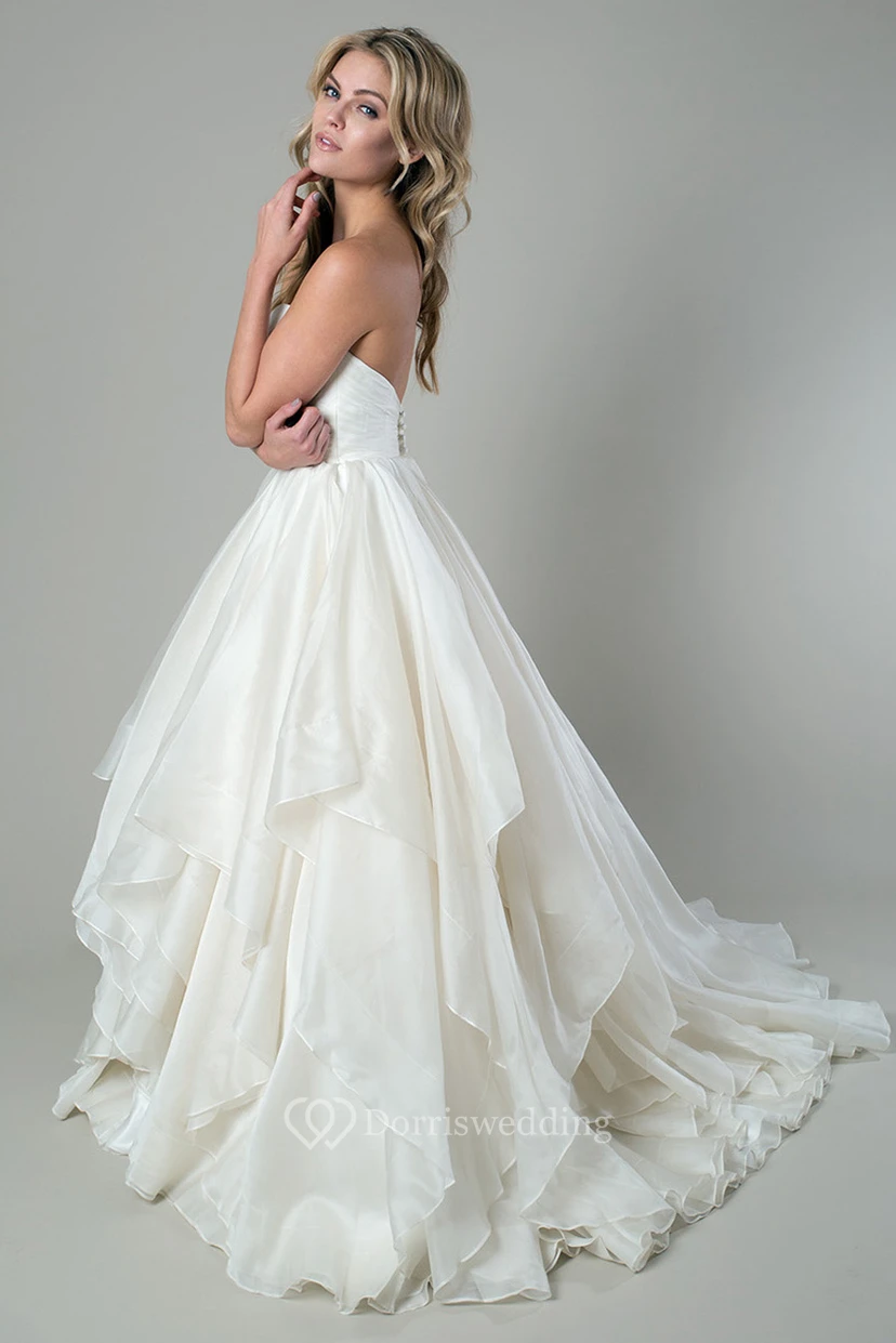 A-Line Draped Floor-Length Sweetheart Organza Wedding Dress With Criss Cross And V Back view 3