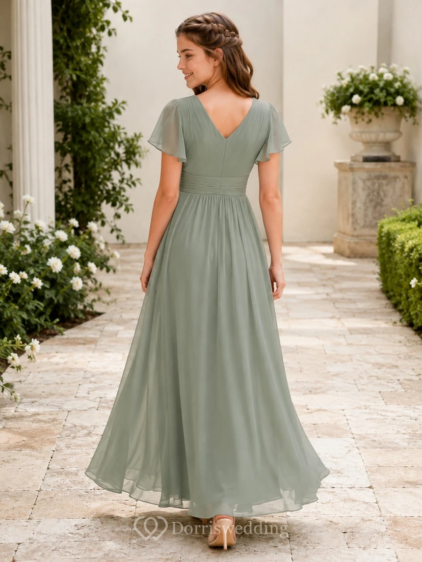 Celadonfarbenes Brautjungfernkleid für junge Mädchen, A-Linie, V-Ausschnitt, kurze Blütenblattärmel, Chiffon, schlicht view 2