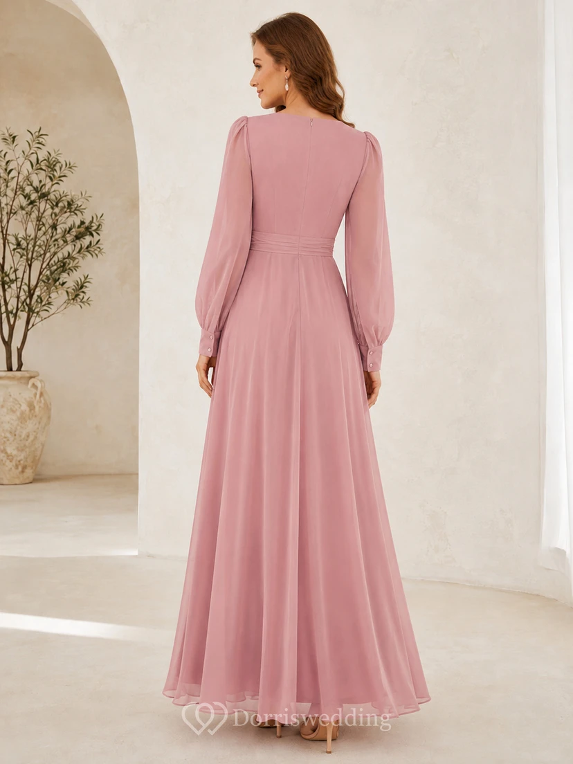 Abendkleid aus Chiffon in A-Linie, altrosa, mit V-Ausschnitt und langen Ärmeln (Poetenärmel) view 2