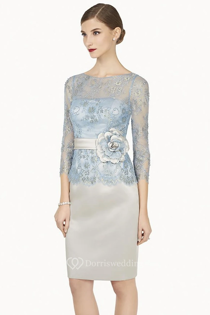 Bleistiftförmiges, perlenbesetztes Midi-Abendkleid mit Rundhalsausschnitt, 3-4 Ärmeln, Satin und Spitze sowie Blumenmuster