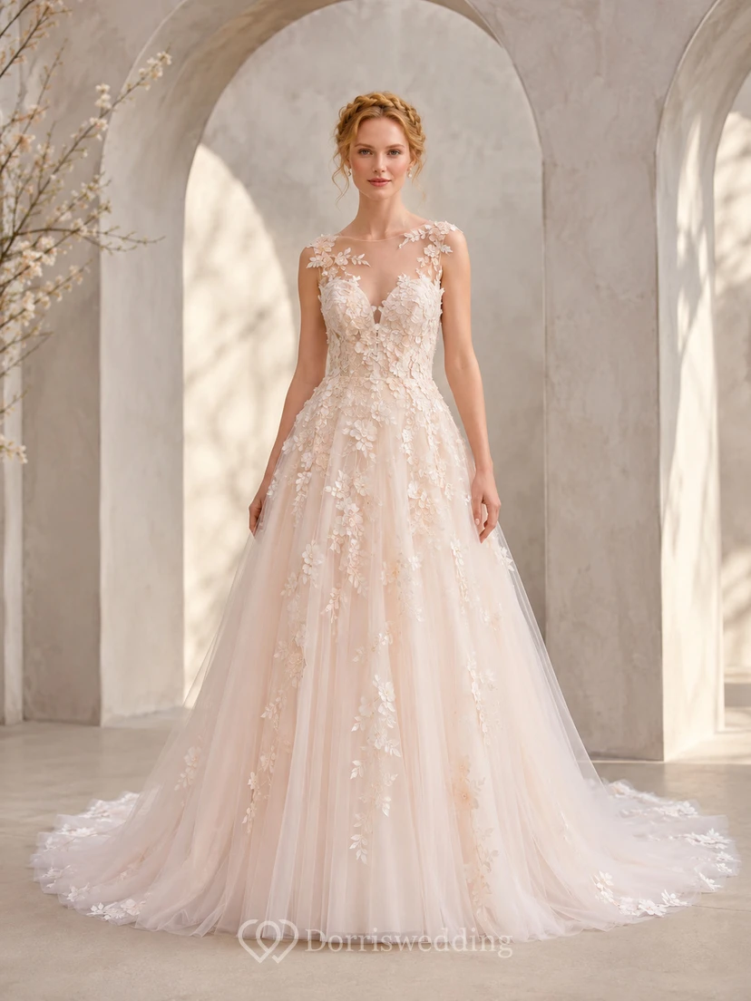 Robe de mariée de style chapelle, bustier cœur sans manches, tulle fleuri, coupe trapèze, décolleté en V profond, style A.