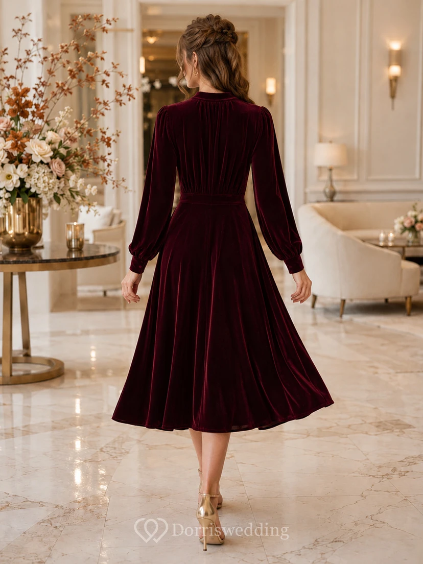 Burgundy High Neck Long Puff Sleeve Velvet A-Line Midi Guest Dress view 2