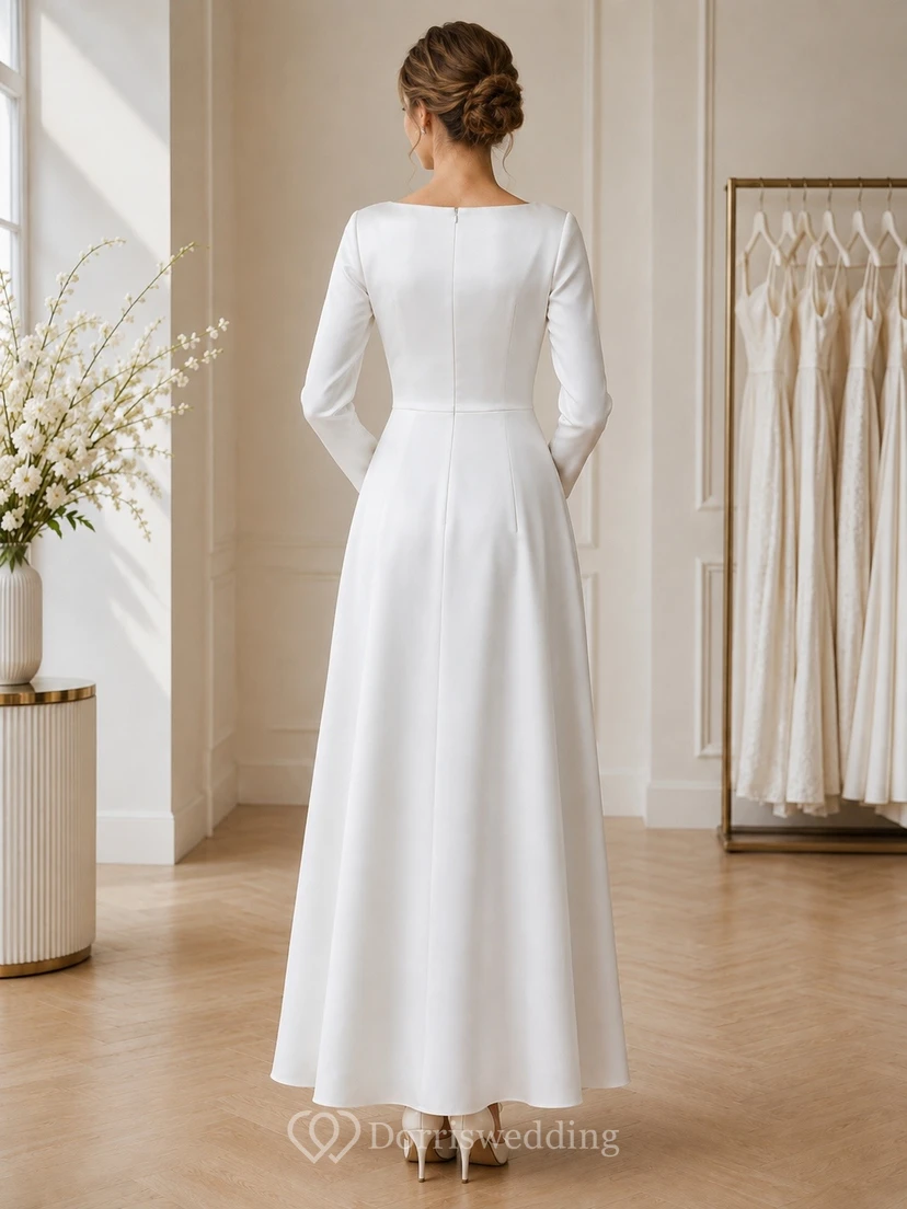 White Chiffon Jewel Neck Long Sleeve Floor-Length Flowergirl Dress view 2
