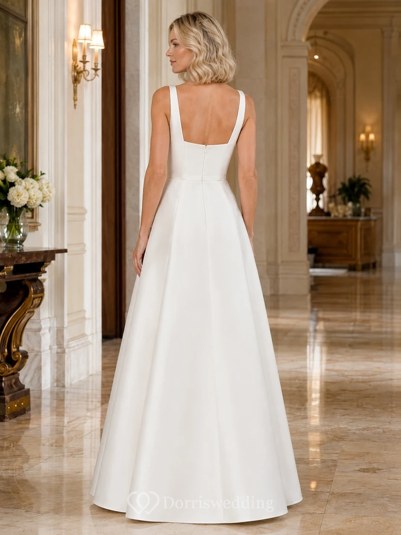 Schlichtes, modernes Brautkleid aus Satin mit quadratischem Ausschnitt, Trägern und A-Linien-Schnitt in Bodenlänge view 2