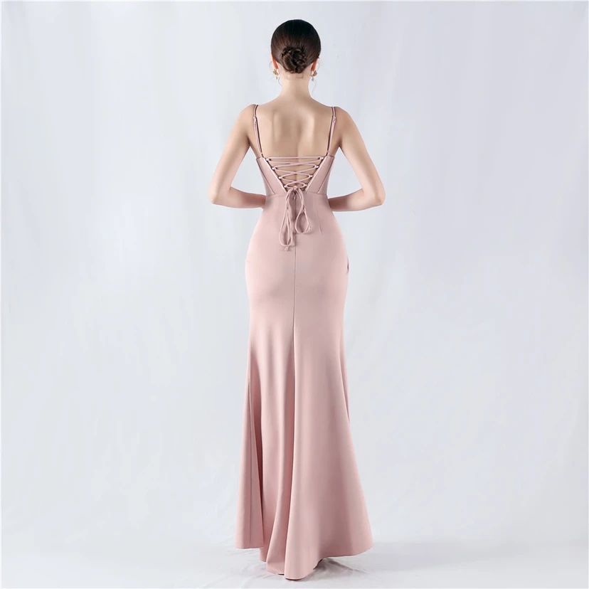 Fishbone Waist Set Crystal Diamond Satin Host Evening Dress view 33