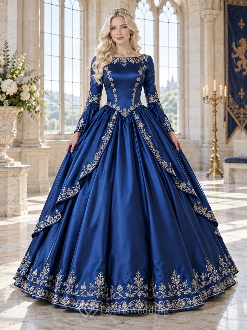 Robe de bal médiévale en satin bleu roi brodé, manches longues cloche
