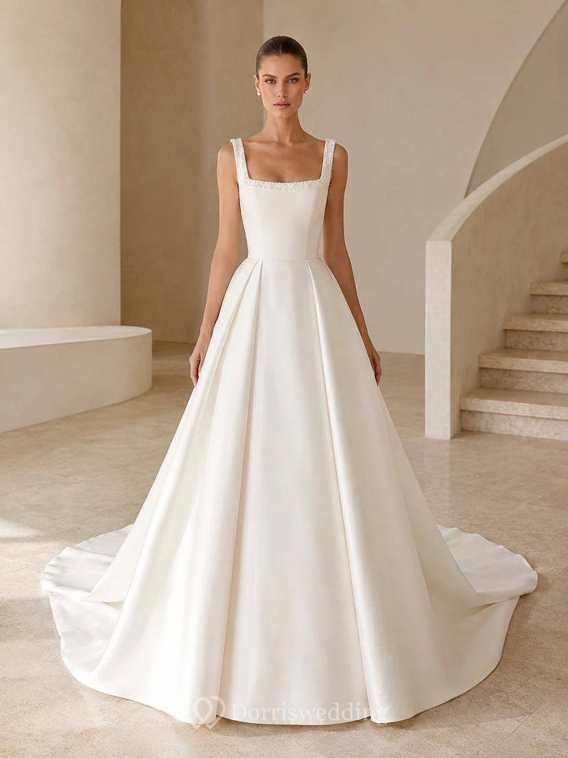 Robe de bal moderne en satin à col carré et bretelles perlées, traîne chapelle