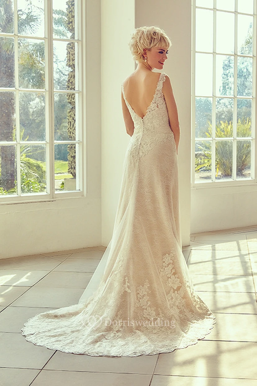 Langes Vintage-Brautkleid mit V-Ausschnitt, aufwendiger Spitze, Schleppe und V-Ausschnitt am Rücken view 2