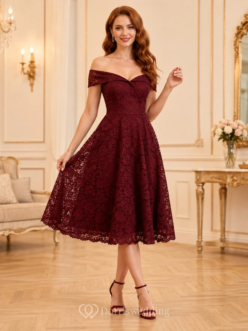 Robe trapèze bordeaux en dentelle, épaules dénudées, manches courtes, longueur thé