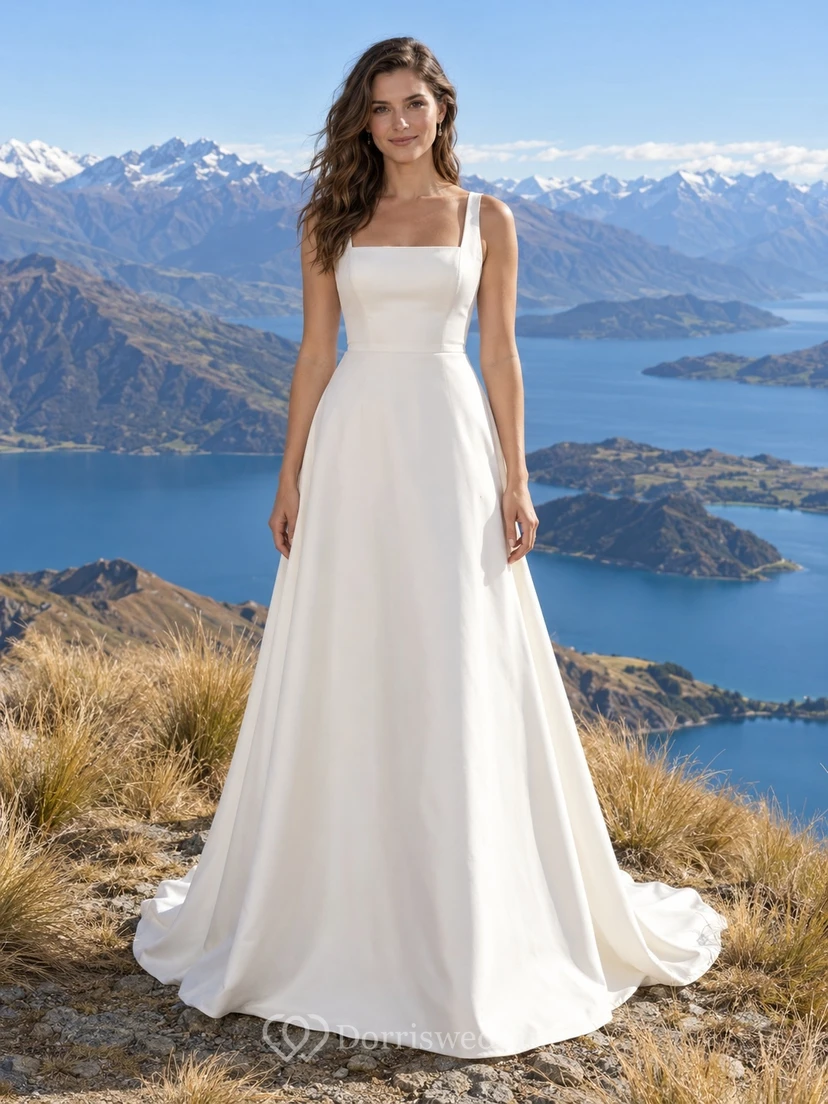Einfaches Brautkleid aus Satin mit eckigem Ausschnitt, Spaghettiträgern, A-Linie und Schleppe sowie Schleppe
