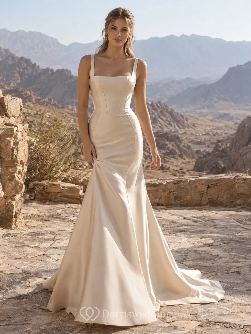 Vestido de novia sencillo de corte sirena color champán, escote cuadrado, sin mangas, de satén, con tirantes anchos y cola larga.