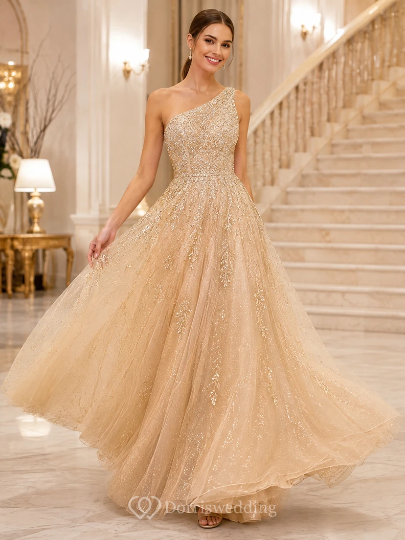 Champagne Orbit A-Line Floor-Length One-Shoulder Sleeveless Satin Modern Prom Dress
