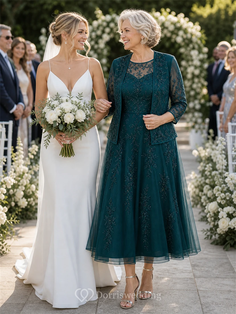 Sage Green Lace Applique Tea-Length Mother of the Bride Dress with Jacket view 10