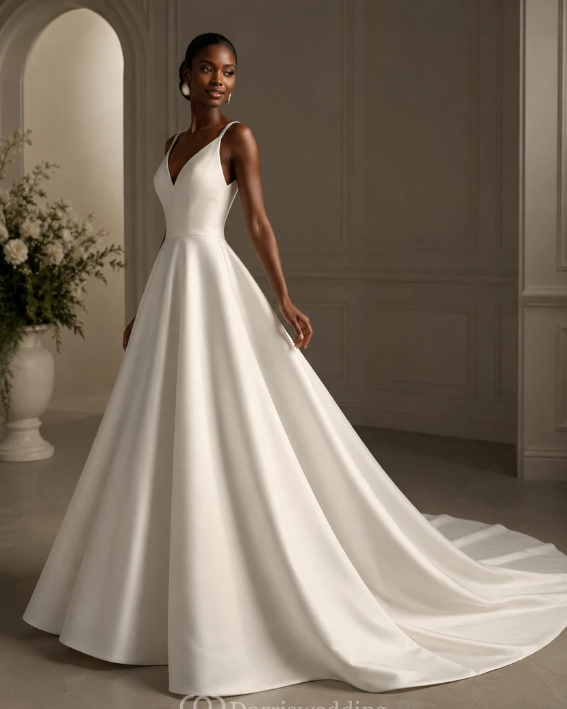 Vestido de satén sexy con tirantes finos, escote pronunciado y drapeado lateral.