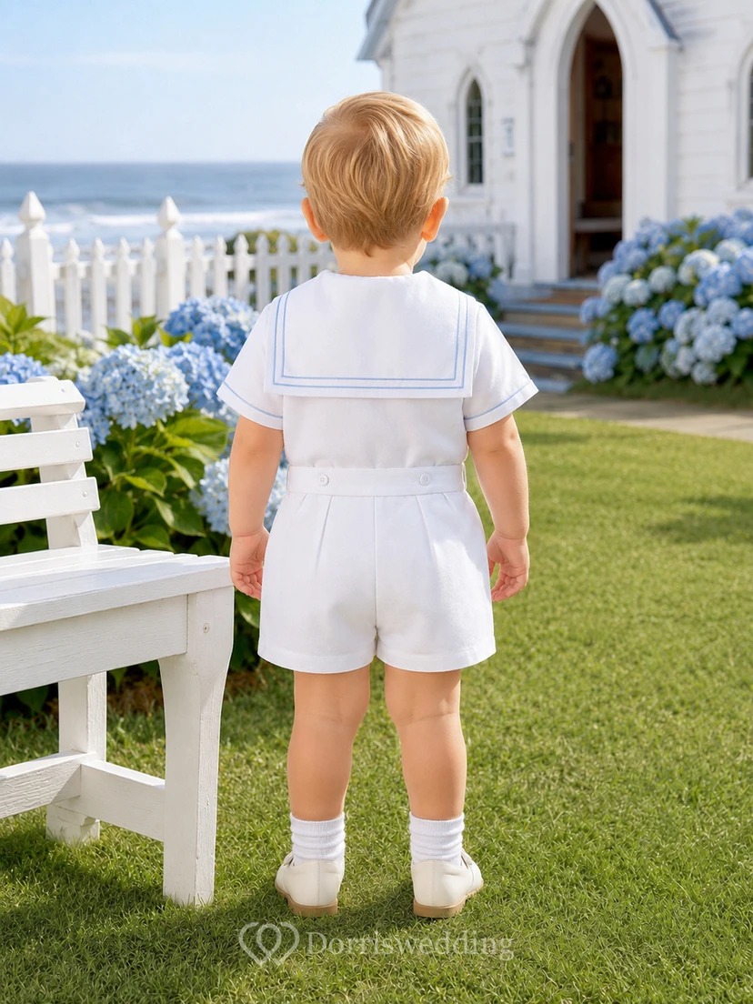 Klassischer weißer Kurzarm-Strampler mit Matrosenkragen für Babys, ideal für die Taufe und Outdoor-Aktivitäten view 2