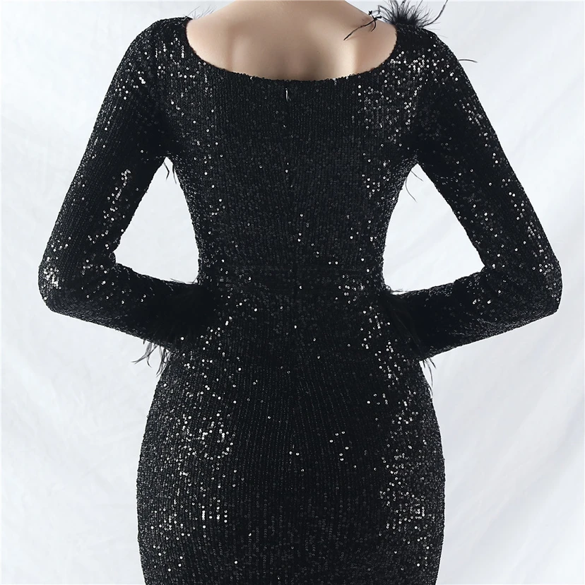 Craft-Made Ostrich Feather Long-Sleeved Beads Evening Dress view 18