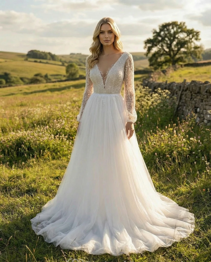 Long Sleeve Boho A-Line Wedding Dress with Deep V-Neck Lace Bodice