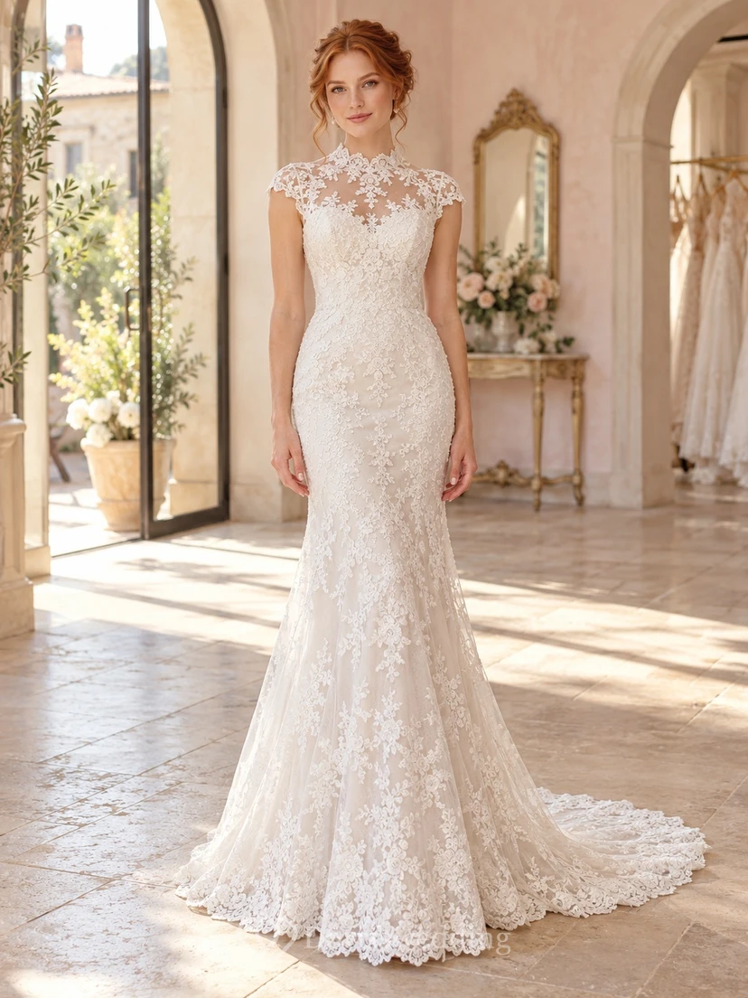 High Neck Cap Sleeve Mermaid Floral Lace Button Wedding Dress