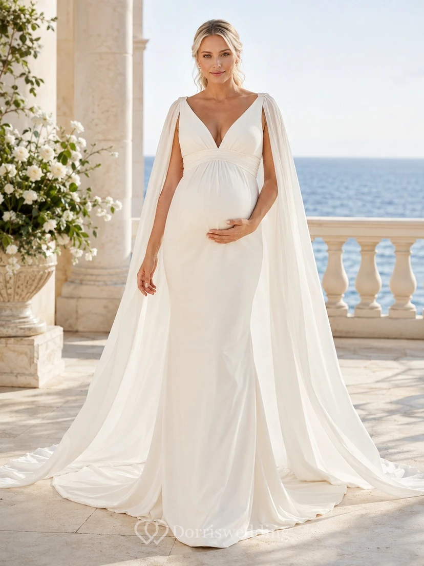 Vestido de novia de gasa estilo imperio, elegante y sin mangas con escote en V para embarazadas