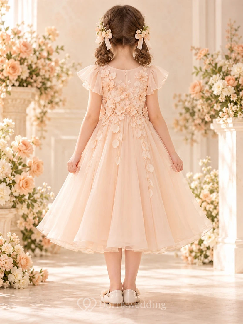 Blush Flutter Sleeve Petal Applique Tea-length Flower Girl Dress view 2