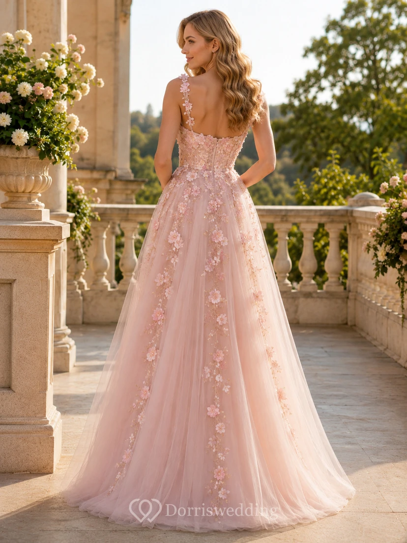 Blush Floral Applique Tulle A-Line Evening Dress view 2
