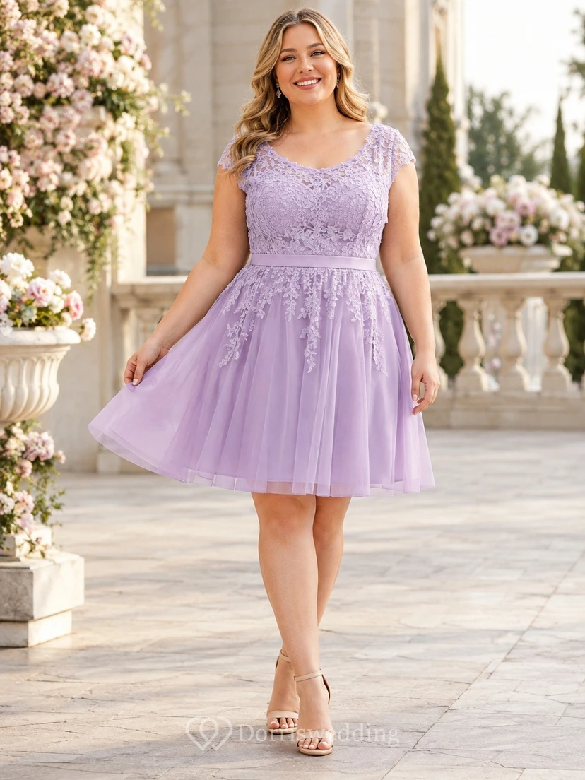 Lavender Tulle Lace Square-Neck Short-Sleeve A-Line Short Plus-Size Homecoming Dress