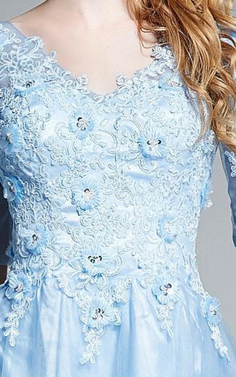 A-Line V-Neck Half Sleeves Appliques Beading Prom Dress view 4