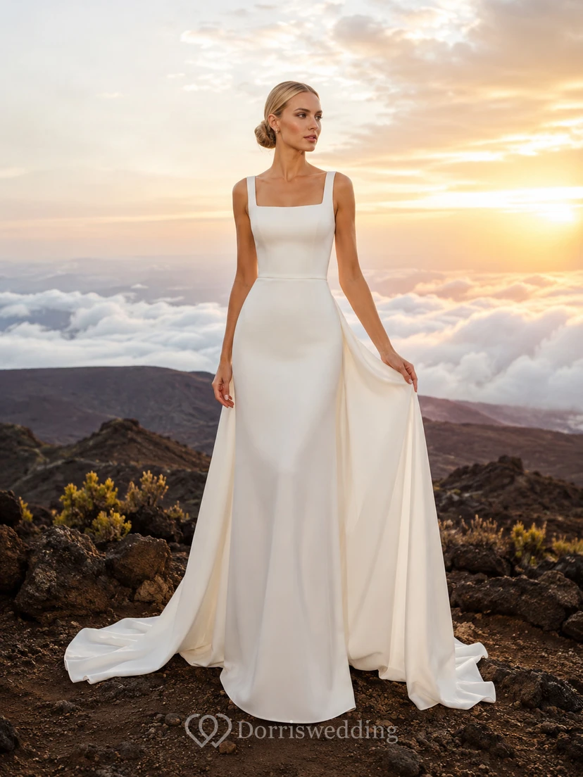 Robe de mariée en satin, coupe trapèze, col carré, larges bretelles, empiècements latéraux fluides et traîne chapelle