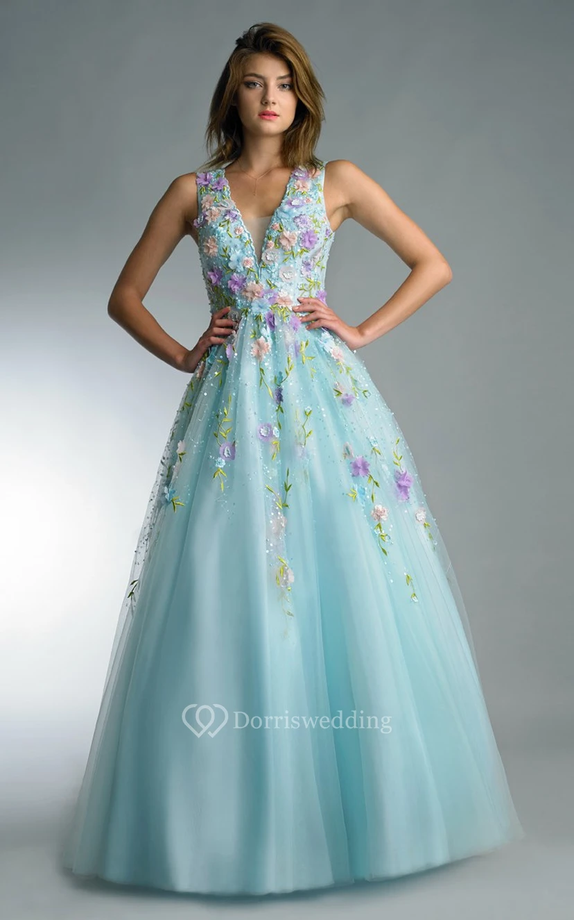A-line Floor-length V-neck Sleeveless Tulle Zipper Dress view 4