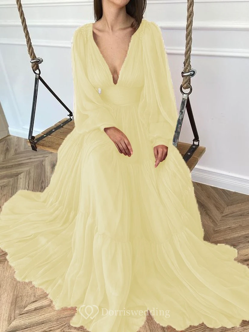Sexy V-neck Puff Long Sleeve Chiffon Layered Empire Dress view 8