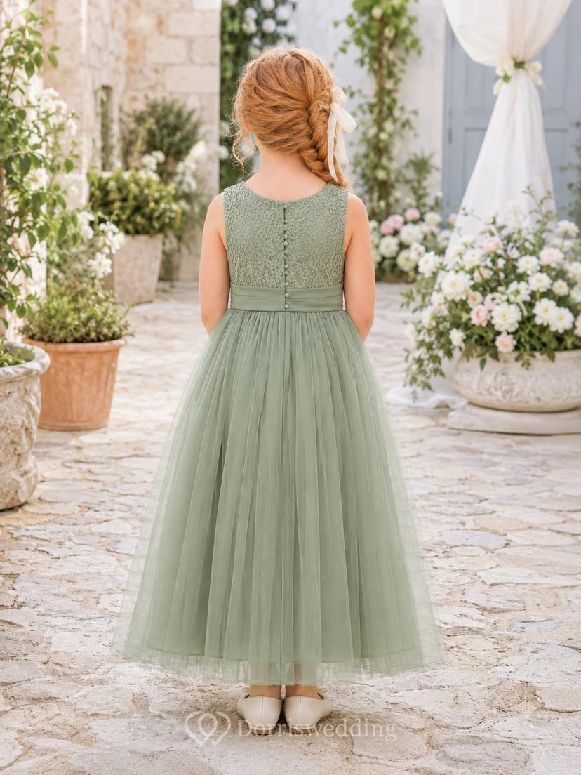 Blumenmädchenkleid aus salbeigrünem Chiffon-Tüll, A-Linie, Rundhalsausschnitt, Teelänge, plissiert view 2