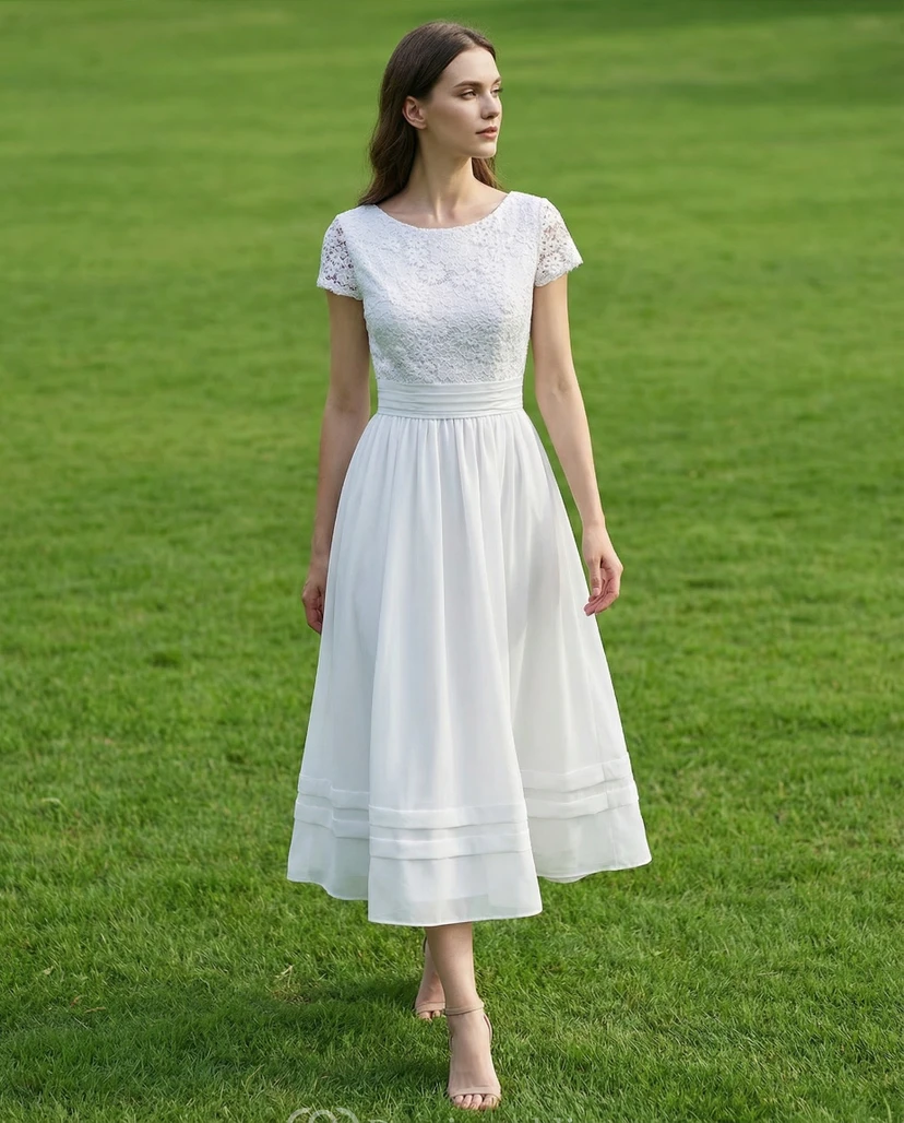White Lace Tea-Length A-Line Wedding Dress